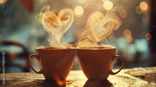 two coffee cups where the steam of the coffe forms the shape of a heart, wedding, valentines day, love, engagement, mothers day photo