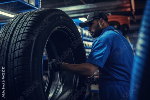 Worker checking technical condition of car wheel