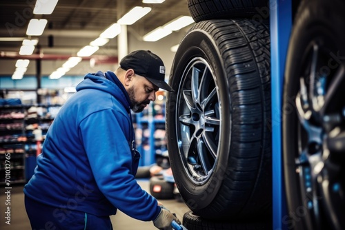 Worker checking technical condition of car wheel