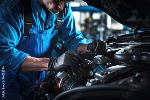 Automotive mechanic repairmen checking the system working engine of the engine room, check the mileage of the car, oil change, auto maintenance service concept