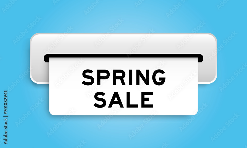 White coupon banner with word spring sale from machine on blue color background White coupon banner with word spring sale from machine on blue color background