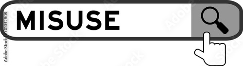 Search banner in word misuse with hand over magnifier icon on white background