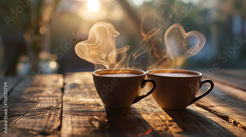 two coffee cups where the steam of the coffe forms the shape of a heart, wedding, valentines day, love, engagement, mothers day photo