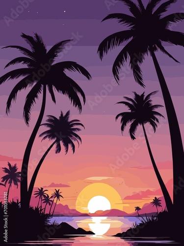 Tropical sunset with palm trees flat vector illustration. Generative AI © Carlos