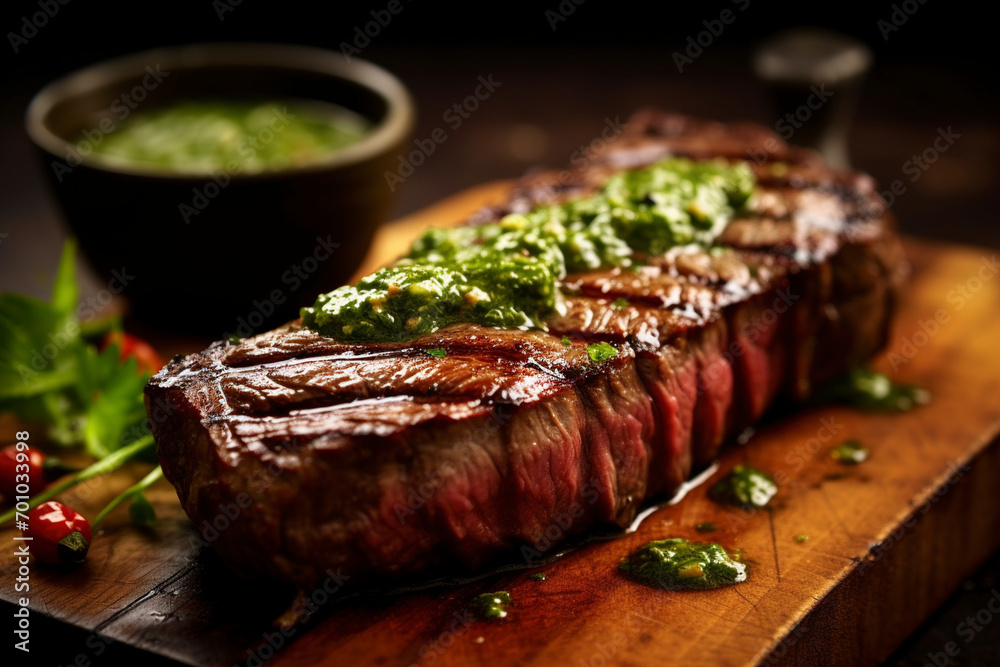 A close-up view of a South American-style chimichurri steak. (Generative AI)
