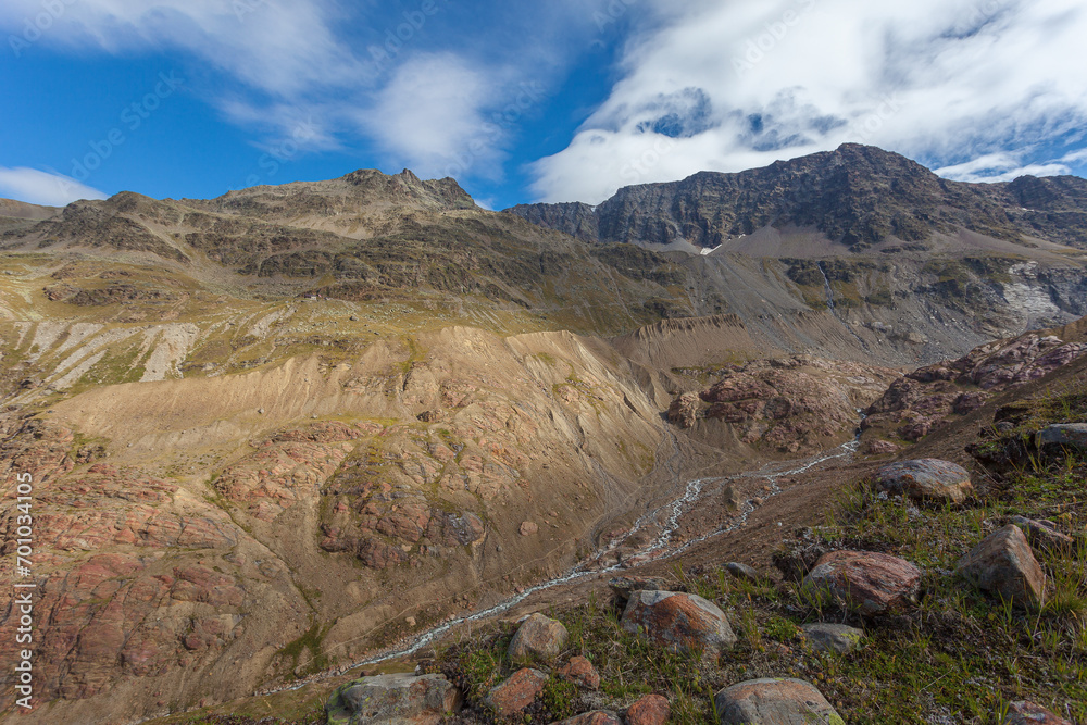 Panorama of 1850 Small Ice Age moraines of Vallelunga Glacier near the Pio XI mountain hut. Vallelunga, Alto Adige - Sudtirol, Italy. Small Ice Age is the last glacial period in the Alps