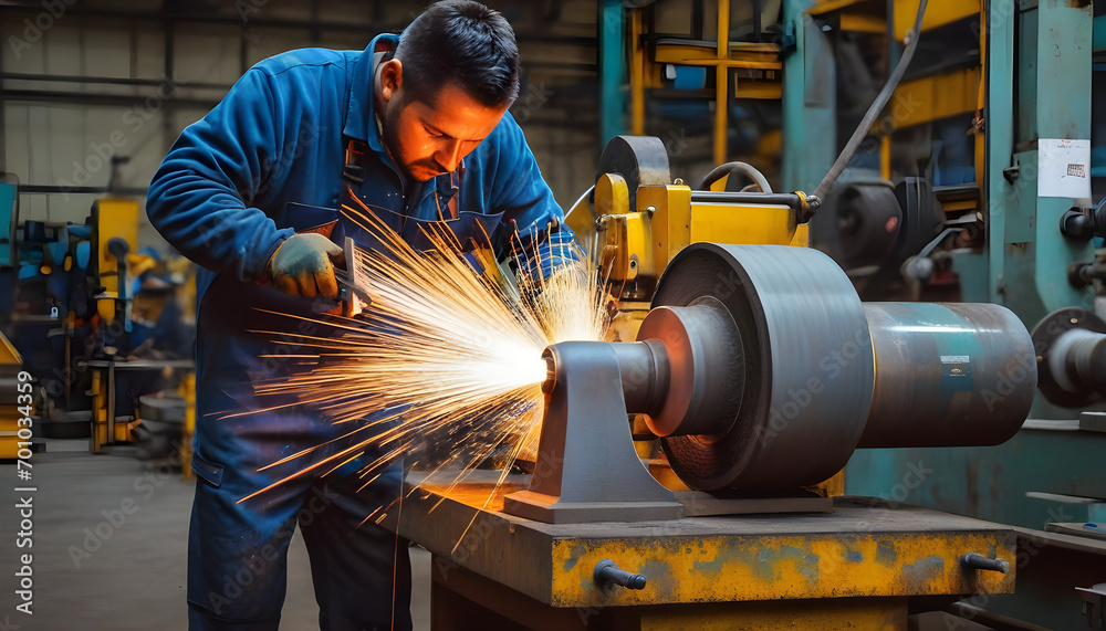 Worker grinding in a workshop. Heavy industry factory Worker grinding in a workshop. Heavy industry factory
