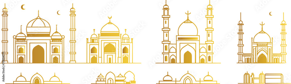 mosque vector set, minimalist line art illustration, Islamic architecture, mosque silhouette, mosque drawing, religious artwork, mosque icon, transparent background,  linear mosque art