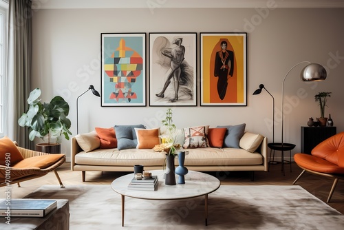 Mid-century-inspired Copenhagen living space with a curated gallery wall, iconic furniture, and a harmonious color palette © CREATER CENTER