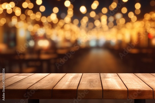 A wooden table is showcased against the mesmerizing backdrop of abstract and blurred restaurant lights, enhancing the overall dining experience. Created with generative AI tools