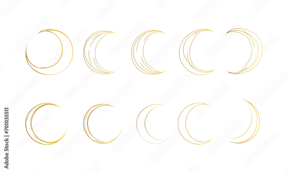 Crescent moon vector set, various moon shapes,  celestial bodies, lunar phases, moon silhouette collection, moon icons, astronomy vector graphics, moon phases clipart