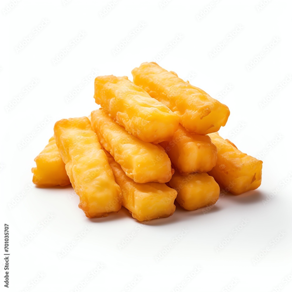 Thin fried pigtail cheese, white solid background, side view Thin fried pigtail cheese, white solid background, side view