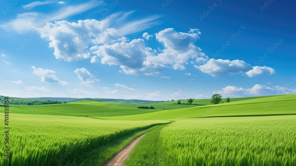 Serene rural landscape with a vibrant green wheat field under a clear blue sky with fluffy white clouds