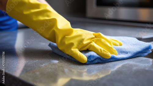 Person is cleaning the inside of an oven using a blue cloth while wearing yellow and blue protective cleaning gloves.