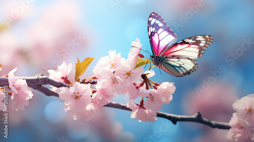 Delicate butterfly flying among soft pink cherry blossoms against a clear blue sky © MP Studio