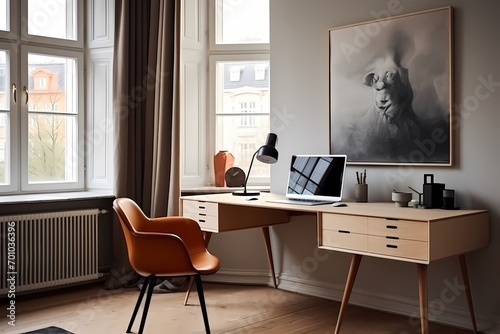 Mid-century-inspired Copenhagen workspace with a stylish desk  task lighting  and a mid-century modern chair