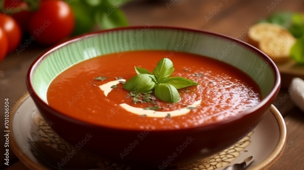 Tasty and creamy tomato soup made of fresh tomatoes.Generative AI Tasty and creamy tomato soup made of fresh tomatoes.Generative AI