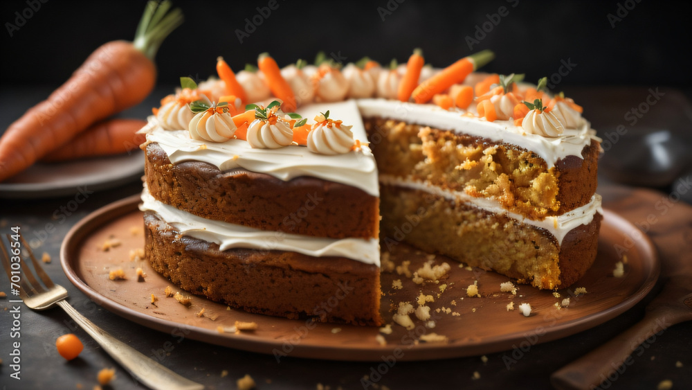 A carrot cake on a white plate