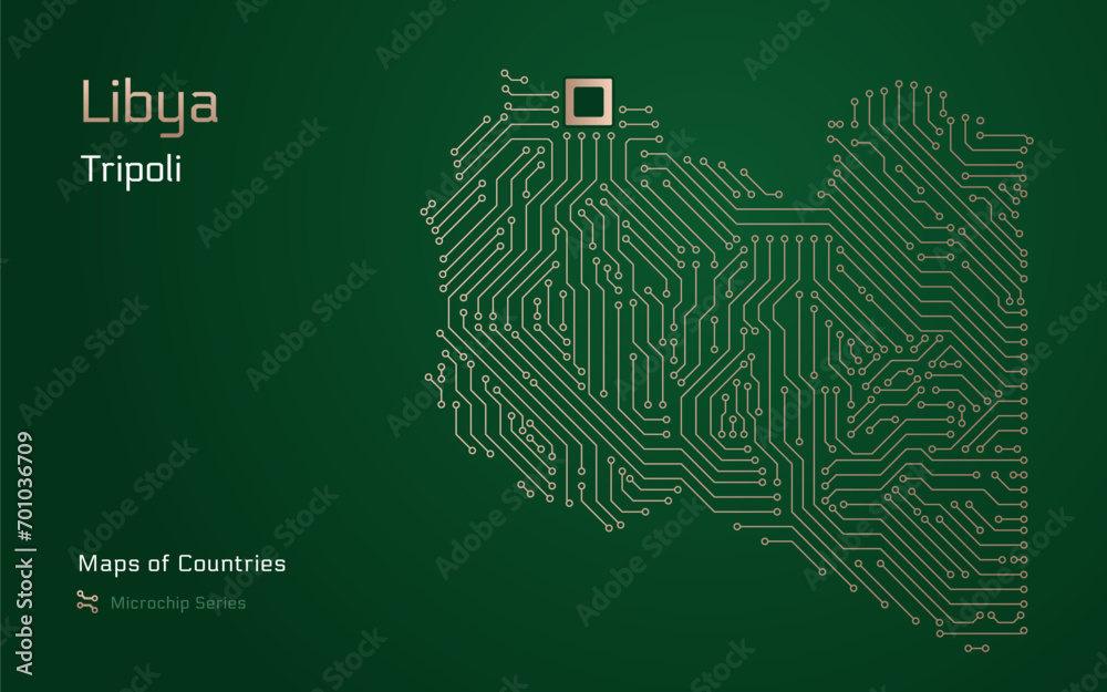 Libya Map with a capital ofTripoli Shown in a Microchip Pattern. E-government. World Countries vector maps. Microchip Series
Libya Map with a capital ofTripoli Shown in a Microchip Pattern. E-government. World Countries vector maps. Microchip Series