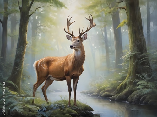 Painting of a majestic deer standing in a quiet, dense forest. Generative AI