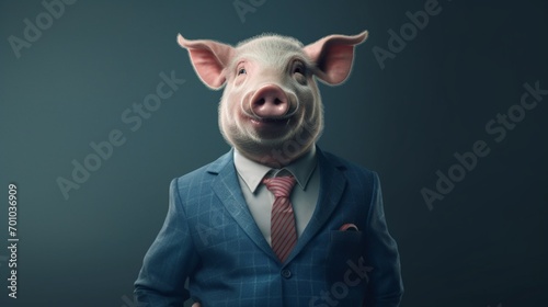 This is how you dress a mean pig in a blue suite.Generative AI photo