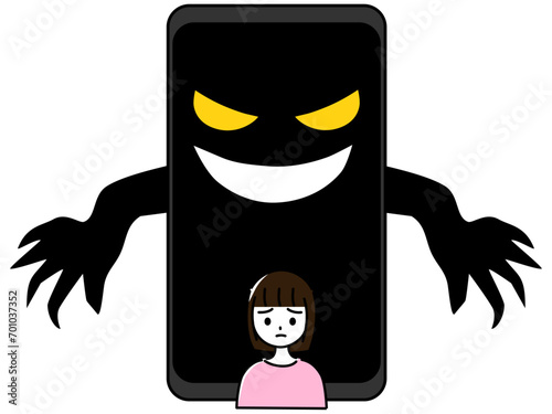 小学校高学年くらいの女の子の後ろに怖い顔の大きなスマートフォン