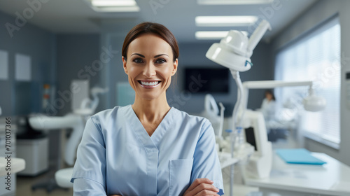 Portrait of female dentist in clinic