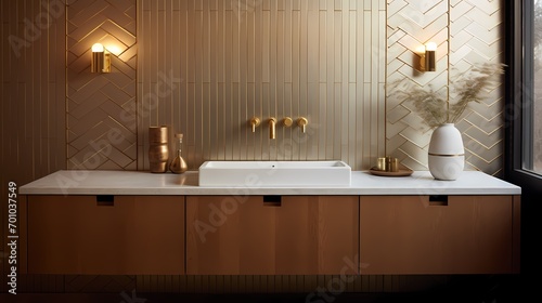 Mid-century bathroom design featuring geometric tiles  a floating vanity  and brass fixtures in a Copenhagen residence