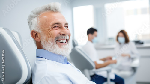 Elderly male patient with white hair is smiling and sitting in a dental chair