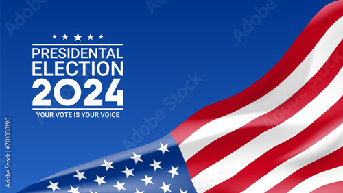 2024 presidential election background. USA flag waving on blue background. Vector illustration for US Election 2024 campaign. USA presidential election 2024. Election voting ad. Vote day, November 5.