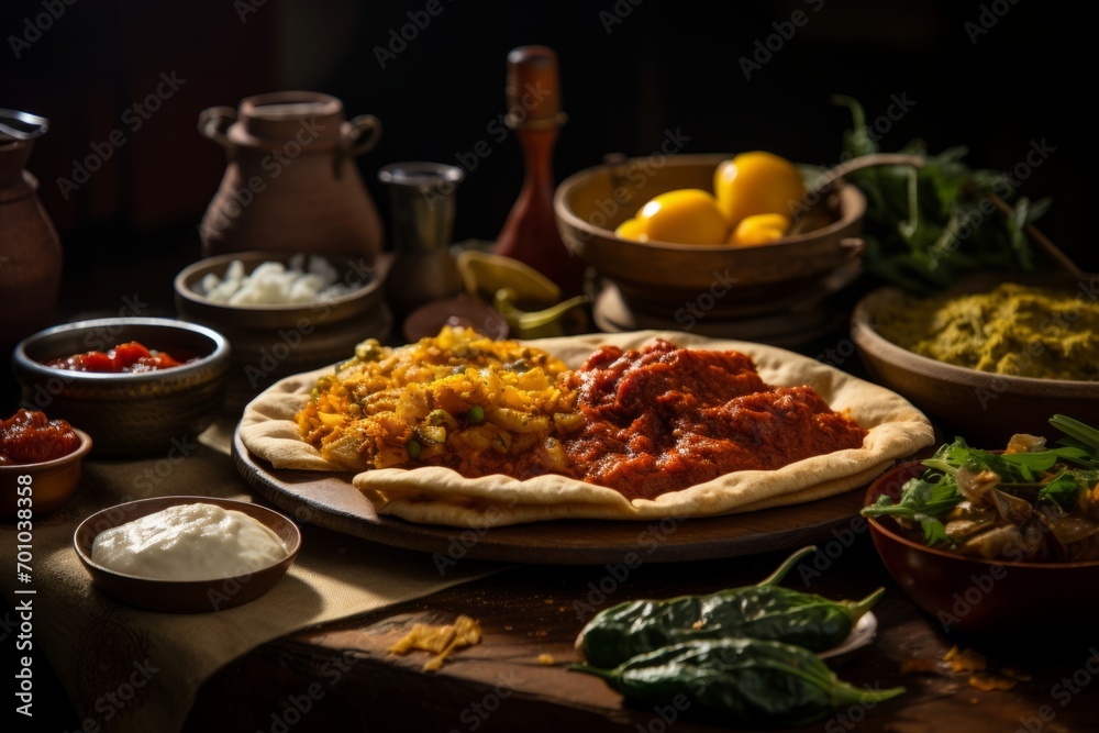 An Artistic Presentation of a Traditional Ethiopian Duff, Displayed on a Rustic Table with its Key Ingredients An Artistic Presentation of a Traditional Ethiopian Duff, Displayed on a Rustic Table with its Key Ingredients