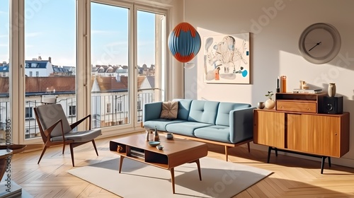 Mid-century Copenhagen living room with iconic Danish furniture, teak accents, and large windows overlooking the cityscape