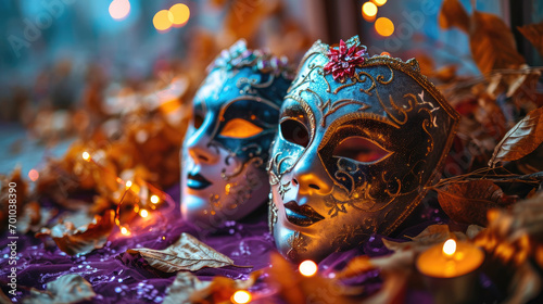 Festive Grouping of mardi gras, venetian or carnivale mask on a purple background
 photo