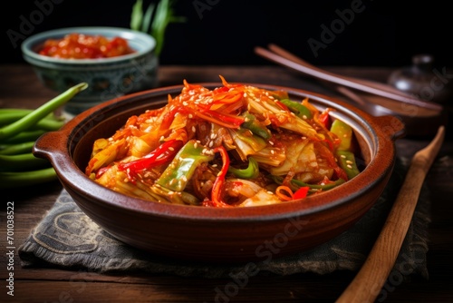 A vivid depiction of traditional kimchi, a fermented cabbage dish with chili peppers, a cornerstone of Korean food culture