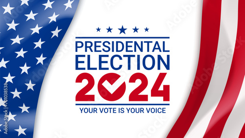 2024 presidential election banner template. Vector illustration for US Election 2024 campaign with USA flag. USA presidential election 2024. Election voting banner. Vote day, November 5.