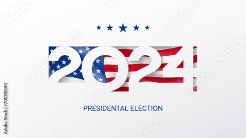 US presidential election 2024. Template of isolated typography symbol of USA election voting. Vector illustration. US Election 2024 campaign. Vote day, November 5. Paper cutout effect with USA flag. photo