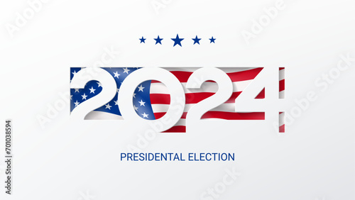 US presidential election 2024. Template of isolated typography symbol of USA election voting. Vector illustration. US Election 2024 campaign. Vote day, November 5. Paper cutout effect with USA flag.