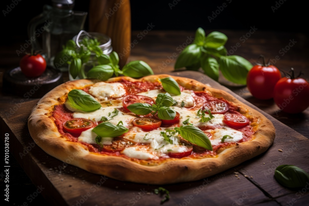 An appetizing pizza with a golden crust, topped with fresh ingredients, resting on a wooden table for a comforting meal