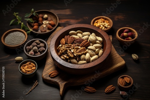 Healthy and tasty selection of almonds, walnuts, pecans, and hazelnuts in a rustic wooden bowl