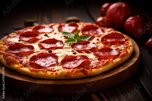 An inviting image of a homemade pepperoni pizza with a thin crust, fresh out of the oven, on a wooden table