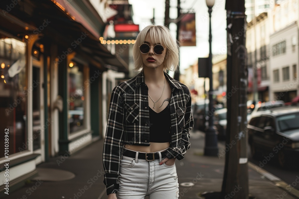 Trendy Blonde in Sunglasses Exploring Cobblestone Streets. Generative AI.