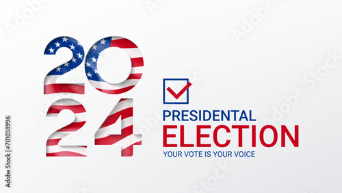 2024 presidential election banner шт USA. Template of isolated typography symbol of USA election. USA election 2024 campaign. Paper cutout effect with flag. Vector illustration. photo