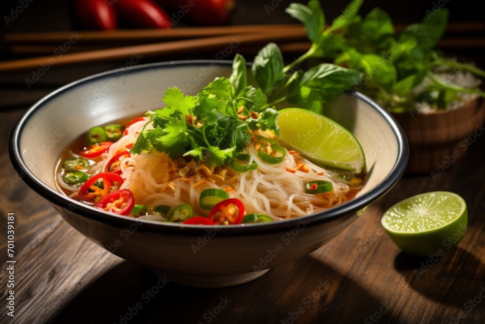 A vibrant and healthy vermicelli noodle meal, served with fresh herbs, tangy lime, and hot chili, on a charming old wooden table under gentle natural lighting