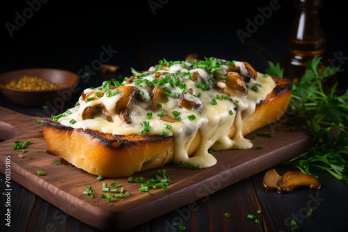 Enjoying a traditional Polish Zapiekanka, a delicious open-faced sandwich with melted cheese and mushrooms, on a rustic backdrop