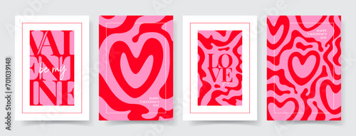 Set of trendy Valentine's Day posters. Concept of modern typographic design with hearts, abstract liquid or marble pattern. Posters for party banner, flyer, celebration, ad, branding, cover, sale.