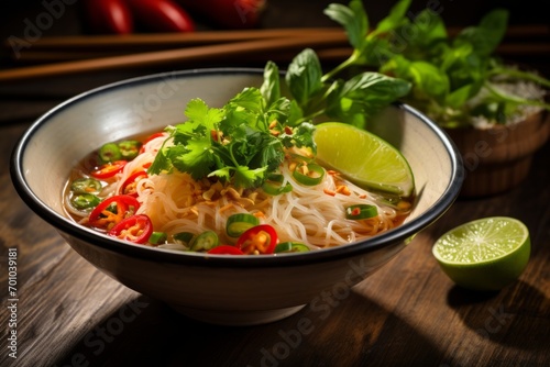 A vibrant and healthy vermicelli noodle meal, served with fresh herbs, tangy lime, and hot chili, on a charming old wooden table under gentle natural lighting