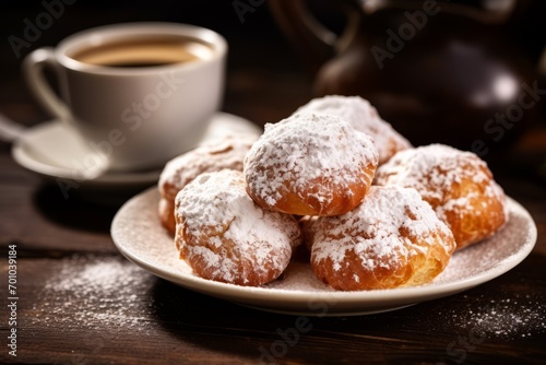 Indulge in the sweetness of Italian tradition with a serving of sugary Zeppole and a robust espresso