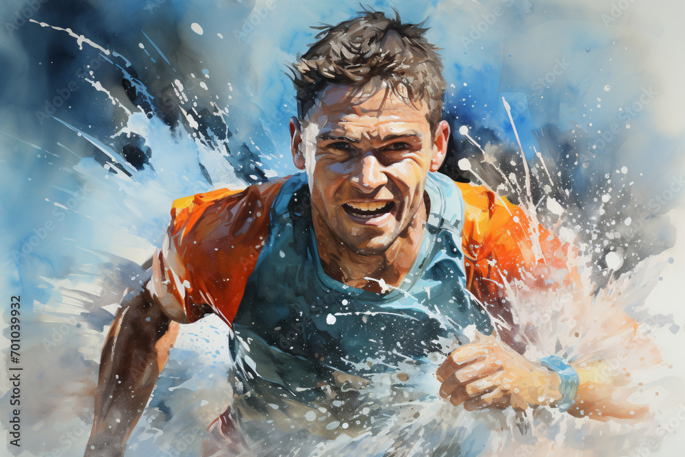 Vivid painting of a man running through splashing water