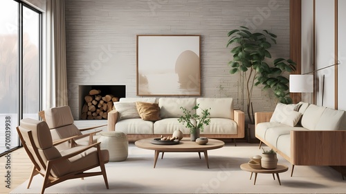 Mid-century living room with a focus on Scandinavian design, showcasing organic shapes, natural materials, and cozy textures