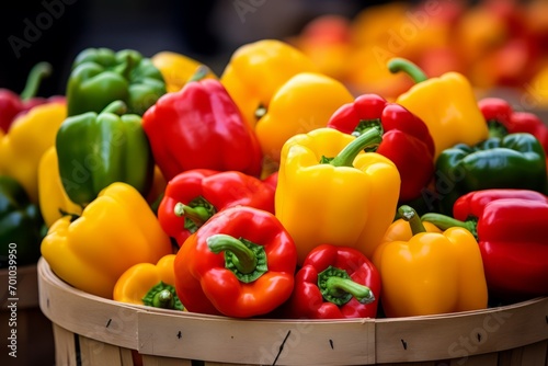 A farmer's market display of fresh, organic bell peppers in a variety of colors, neatly arranged in a rustic wooden crate